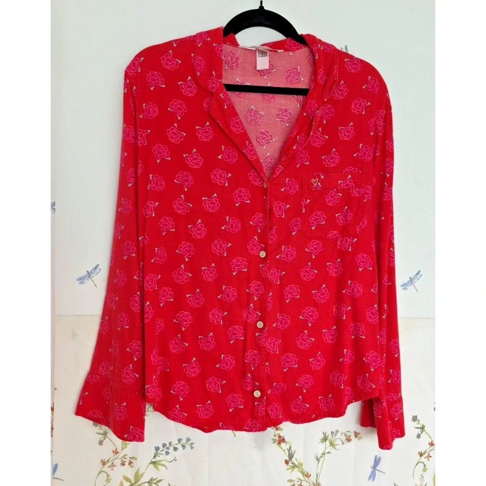 Victoria's Secret Flannel Pajama Set‎ Small Pink Rose Red Pants Long Sleeve